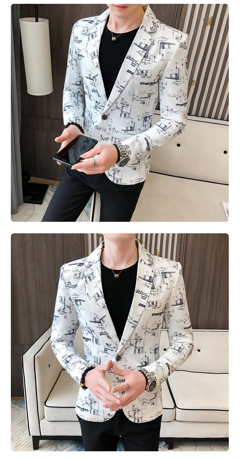 Blazer fino estampado versão coreana masculina, festa de casamento formal, jaqu