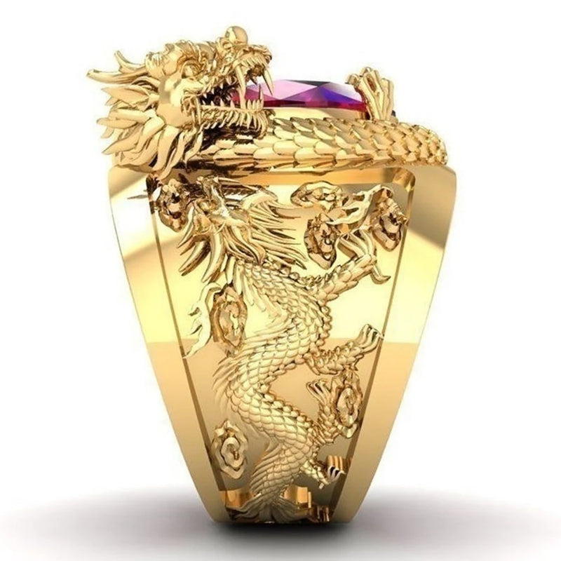 Huitan-Luxo Dourado Cor Dragão Padrão Anéis para Homens, Grande Pedra Oval Ve