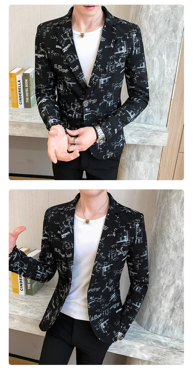 Blazer fino estampado versão coreana masculina, festa de casamento formal, jaqu