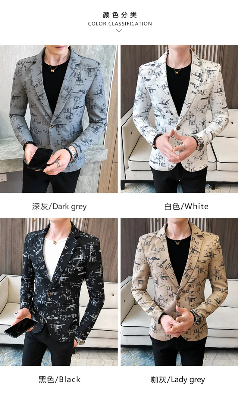 Blazer fino estampado versão coreana masculina, festa de casamento formal, jaqu