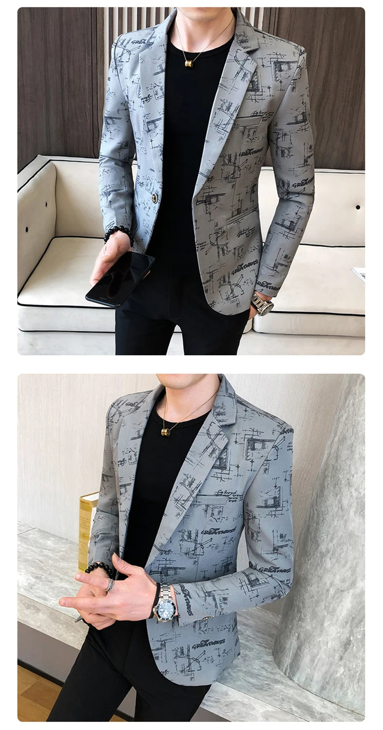 Blazer fino estampado versão coreana masculina, festa de casamento formal, jaqu