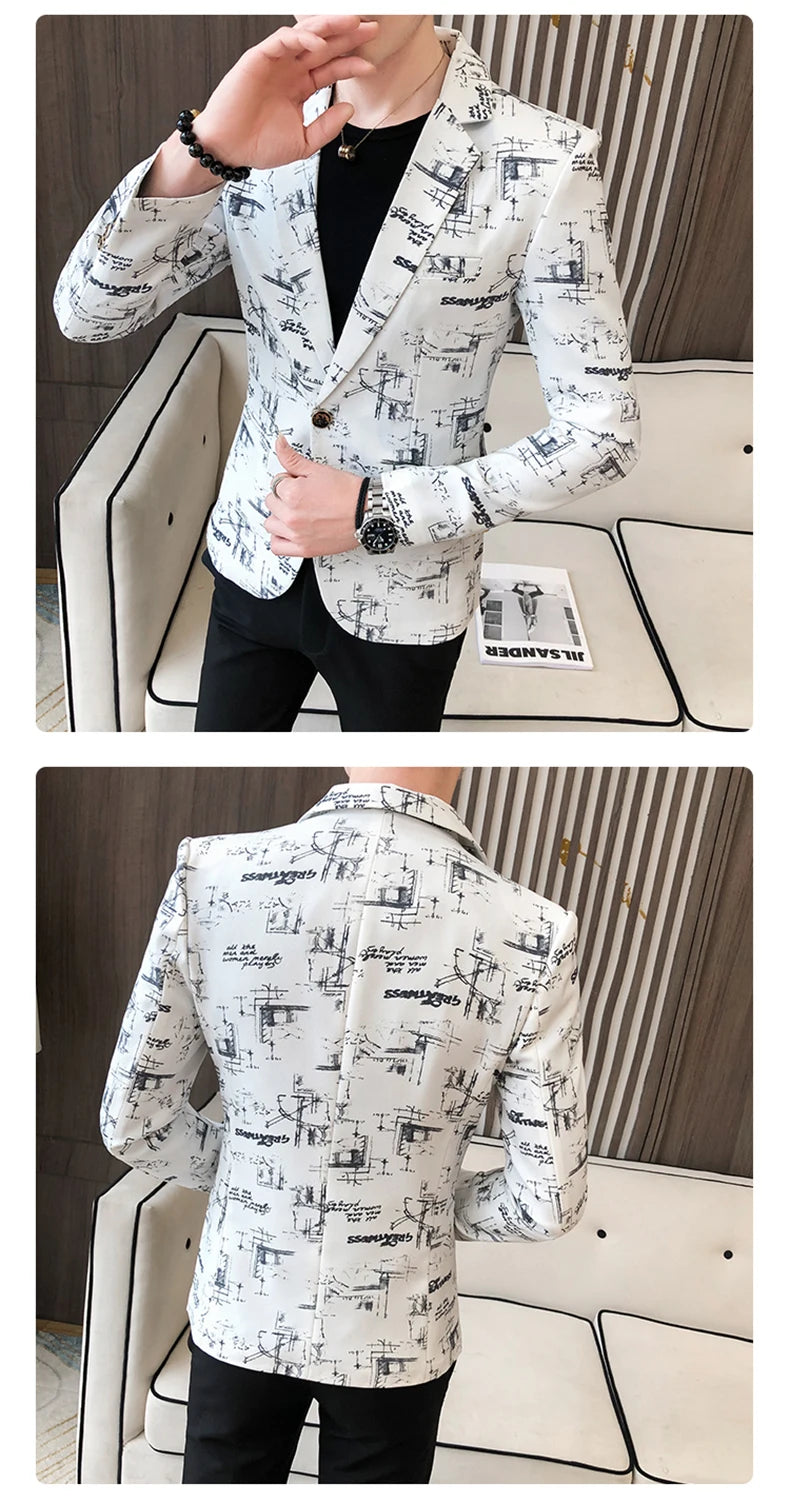 Blazer fino estampado versão coreana masculina, festa de casamento formal, jaqu