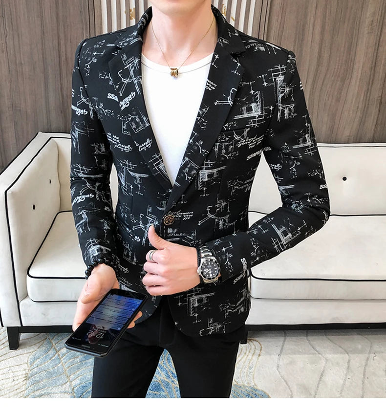 Blazer fino estampado versão coreana masculina, festa de casamento formal, jaqu