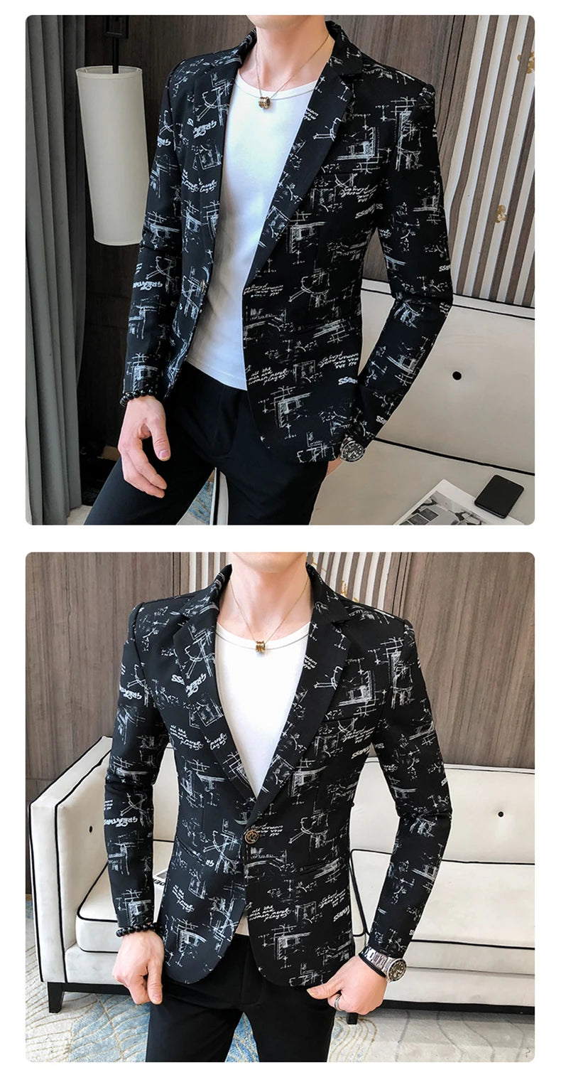 Blazer fino estampado versão coreana masculina, festa de casamento formal, jaqu