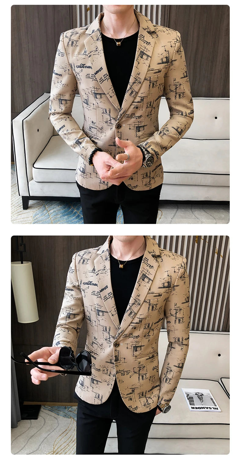 Blazer fino estampado versão coreana masculina, festa de casamento formal, jaqu