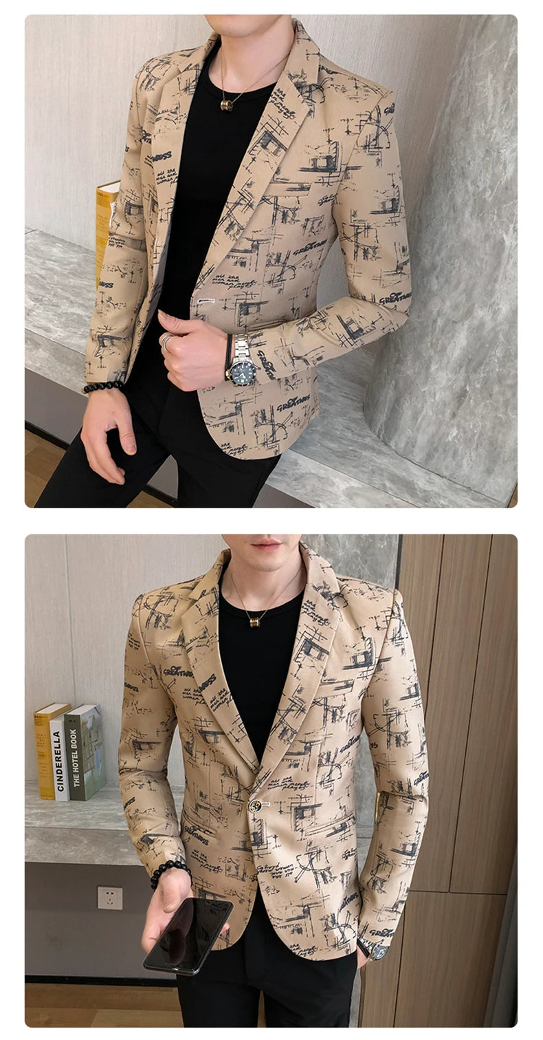 Blazer fino estampado versão coreana masculina, festa de casamento formal, jaqu