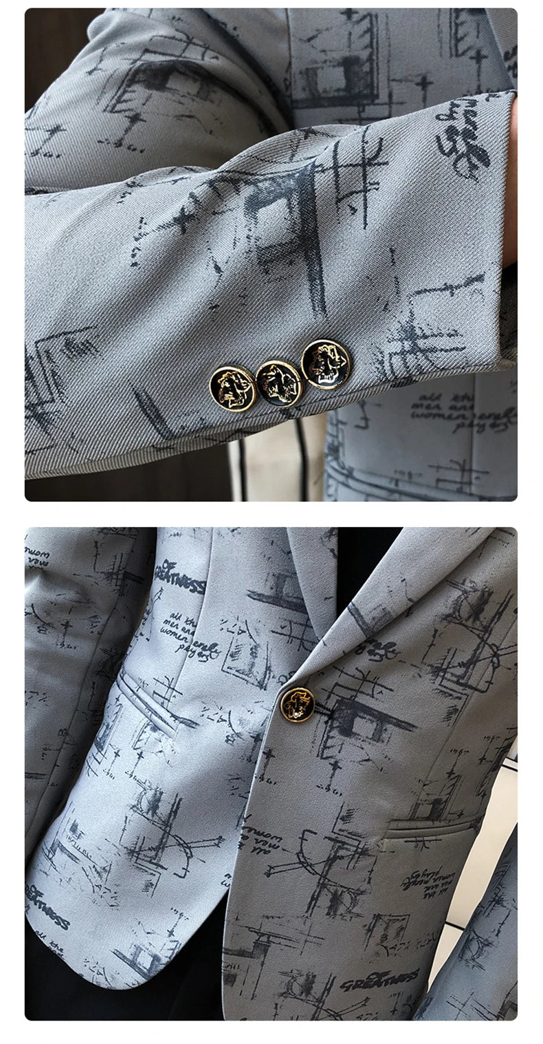 Blazer fino estampado versão coreana masculina, festa de casamento formal, jaqu