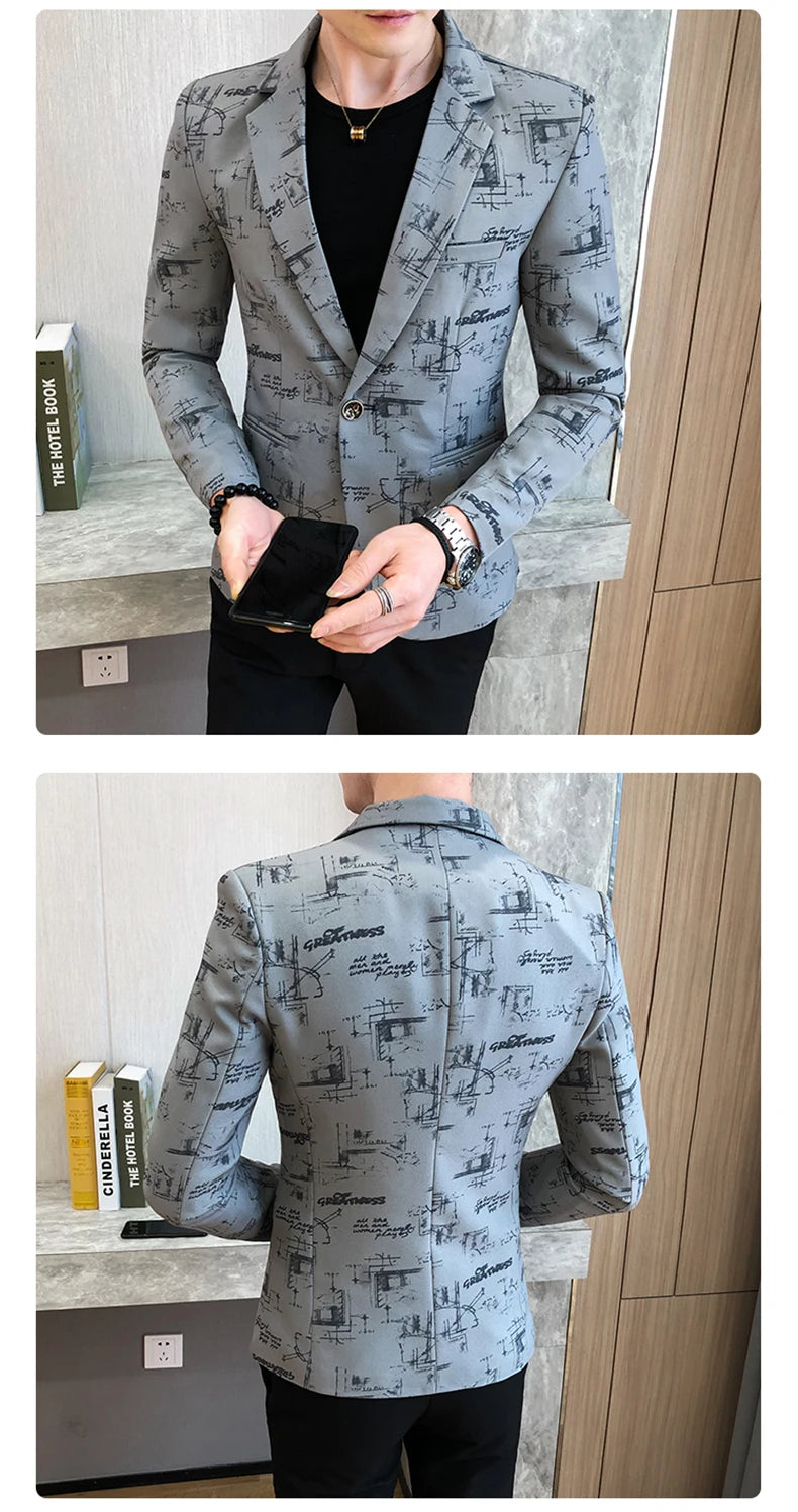 Blazer fino estampado versão coreana masculina, festa de casamento formal, jaqu