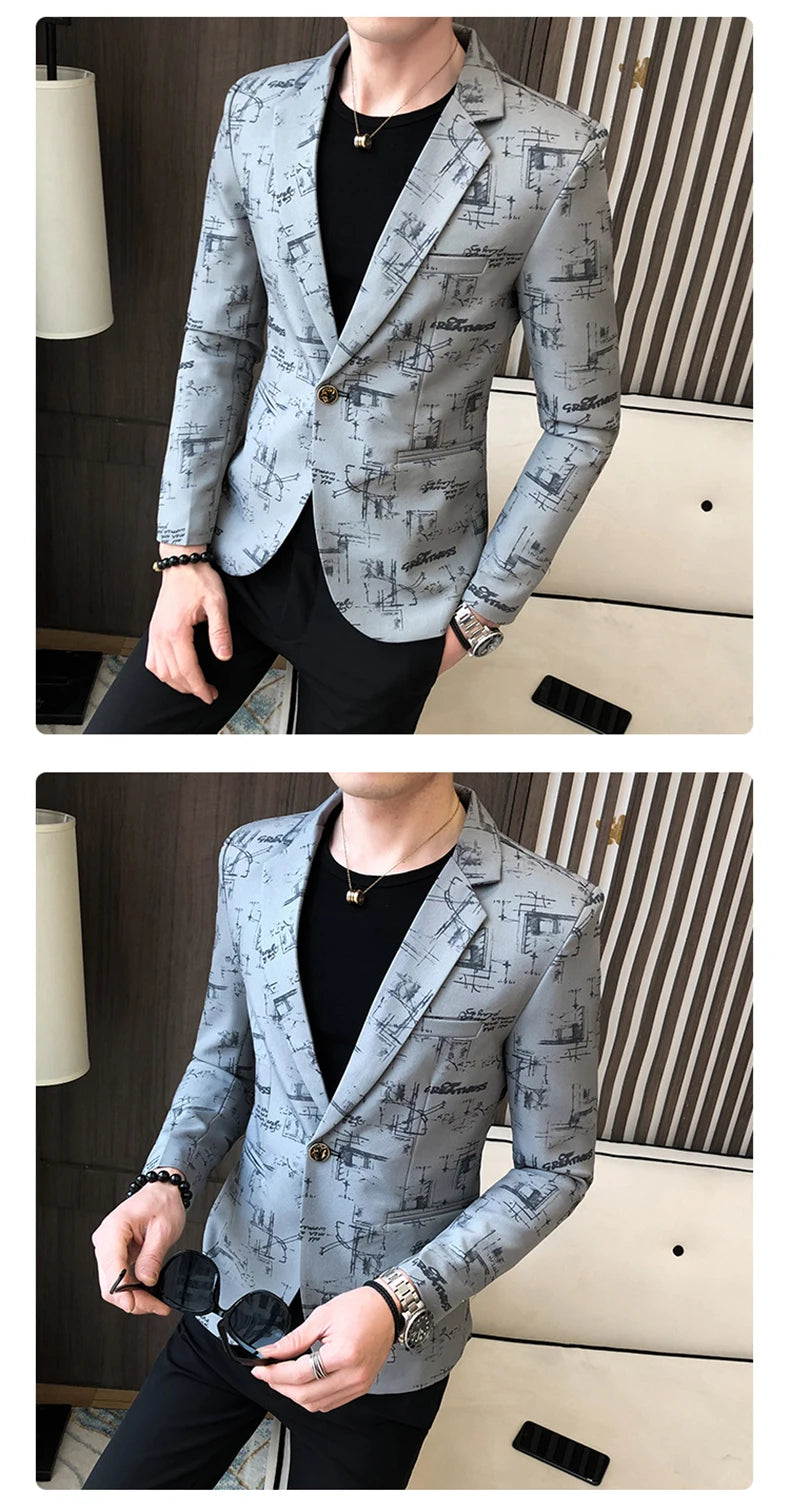 Blazer fino estampado versão coreana masculina, festa de casamento formal, jaqu