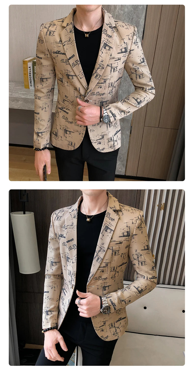 Blazer fino estampado versão coreana masculina, festa de casamento formal, jaqu