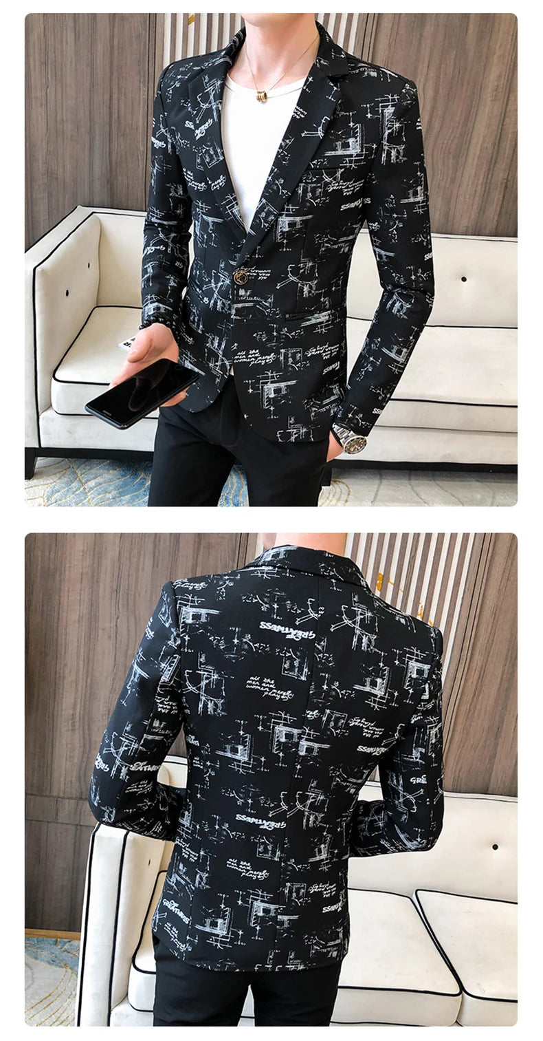 Blazer fino estampado versão coreana masculina, festa de casamento formal, jaqu