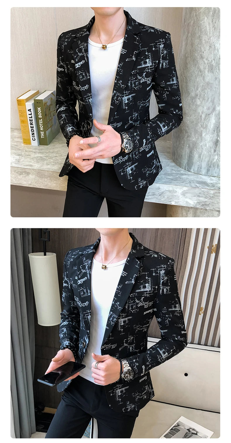 Blazer fino estampado versão coreana masculina, festa de casamento formal, jaqu