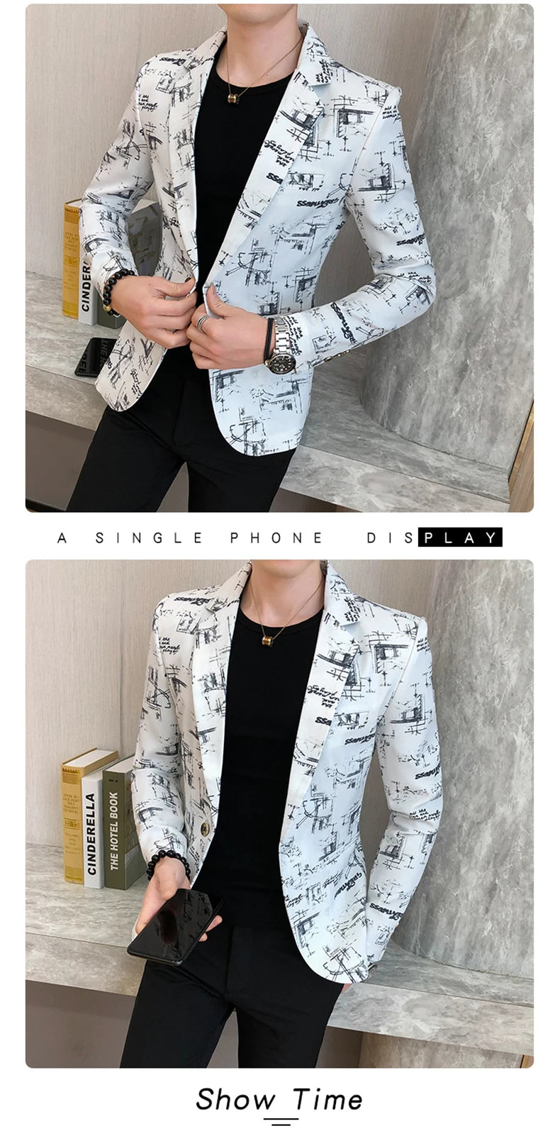 Blazer fino estampado versão coreana masculina, festa de casamento formal, jaqu