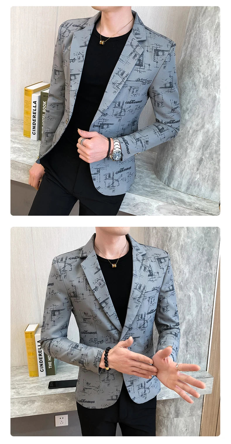 Blazer fino estampado versão coreana masculina, festa de casamento formal, jaqu