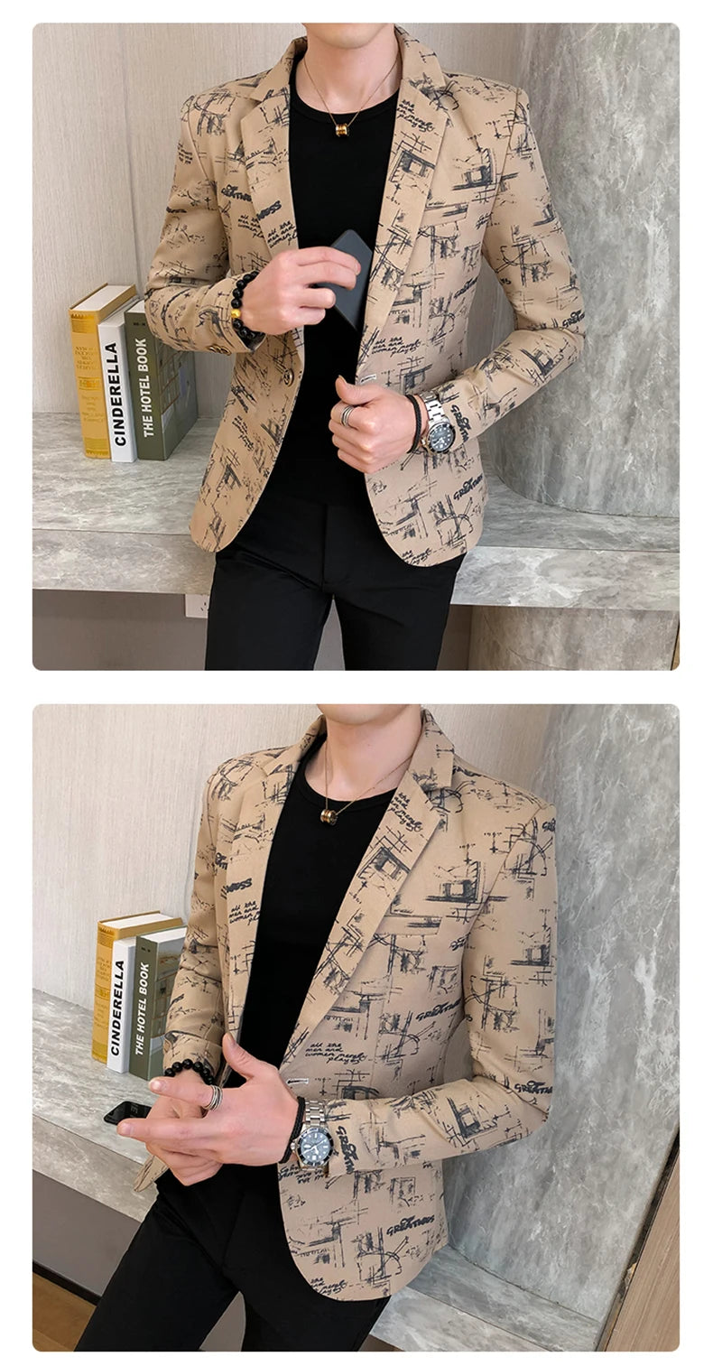 Blazer fino estampado versão coreana masculina, festa de casamento formal, jaqu