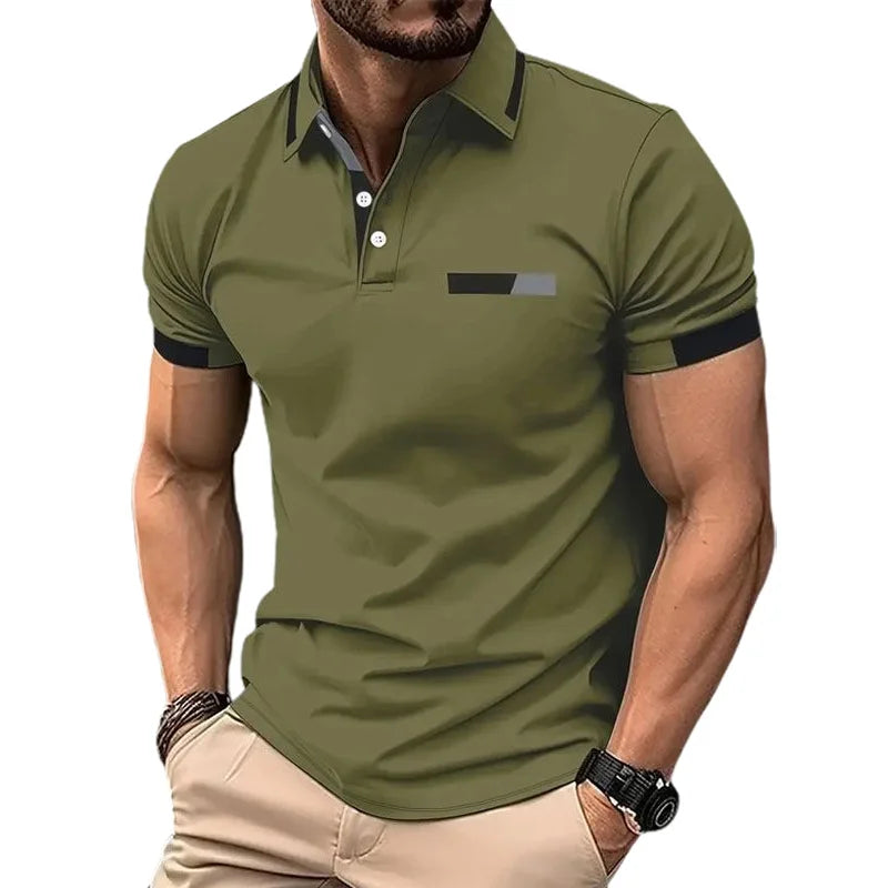Polo de manga curta com estampa masculina, polo com contraste, botão lapela cas