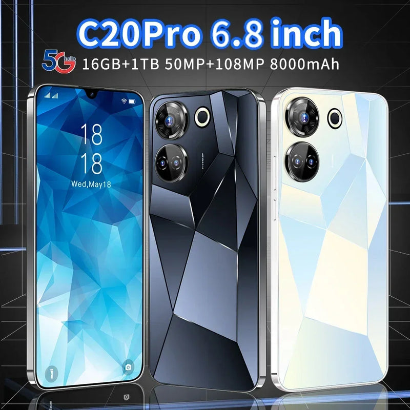 Novo smartphone c20 pro 6.8 &#39;&#39;hd + android 13 16gb + 1tb 8000mah ediçã