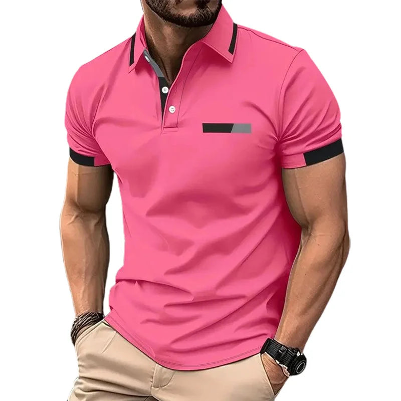 Polo de manga curta com estampa masculina, polo com contraste, botão lapela cas