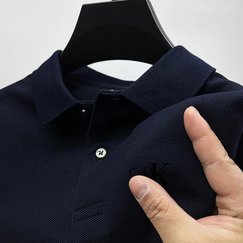 Novo polo masculino de verão, cor sólida, manga curta, camisa polo casual de r