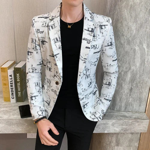 Blazer fino estampado versão coreana masculina, festa de casamento formal, jaqu
