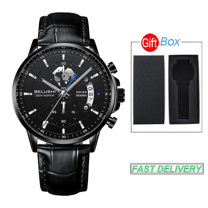 BELUSHI-Relógios de pulso quartzo impermeável masculino, cronômetro luminoso,