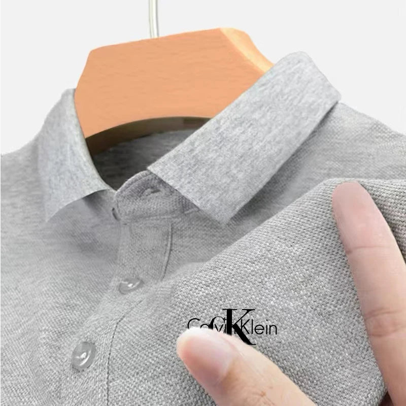 Novo polo masculino de verão, cor sólida, manga curta, camisa polo casual de r