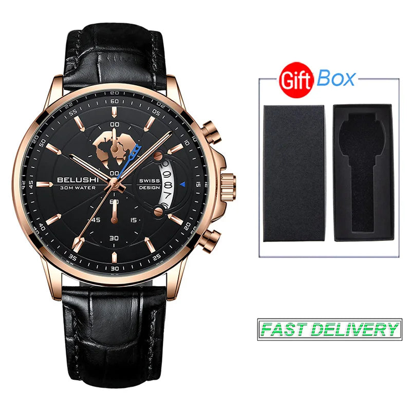 BELUSHI-Relógios de pulso quartzo impermeável masculino, cronômetro luminoso,