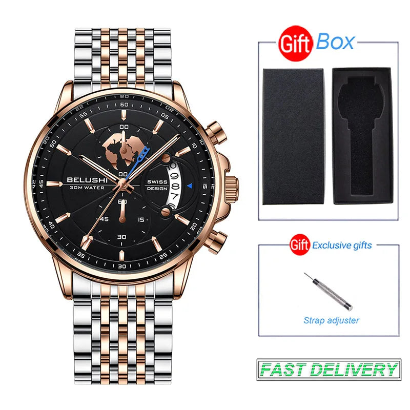 BELUSHI-Relógios de pulso quartzo impermeável masculino, cronômetro luminoso,