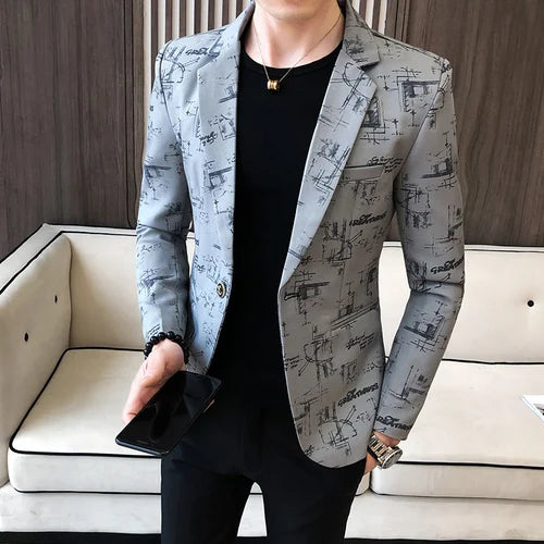 Blazer fino estampado versão coreana masculina, festa de casamento formal, jaqu