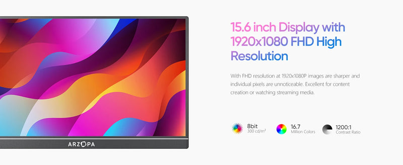 [produto no brasil] NOVO ARZOPA 15.6 inch Monitor Portátil FHD 1080P IPS USB-C