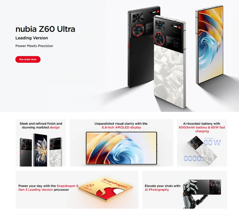 Versão global nubia z60 ultra versão líder 6.8 &quot;smartphone 5g snapdragon