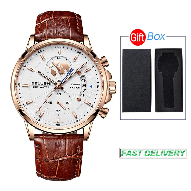 BELUSHI-Relógios de pulso quartzo impermeável masculino, cronômetro luminoso,