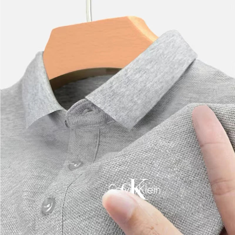 Novo polo masculino de verão, cor sólida, manga curta, camisa polo casual de r