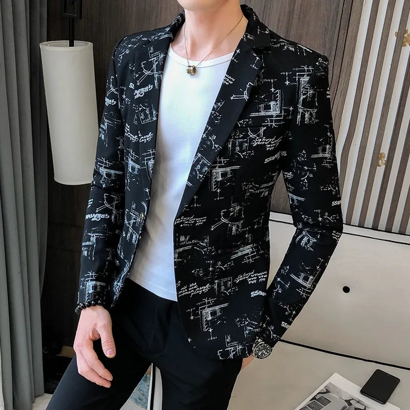 Blazer fino estampado versão coreana masculina, festa de casamento formal, jaqu