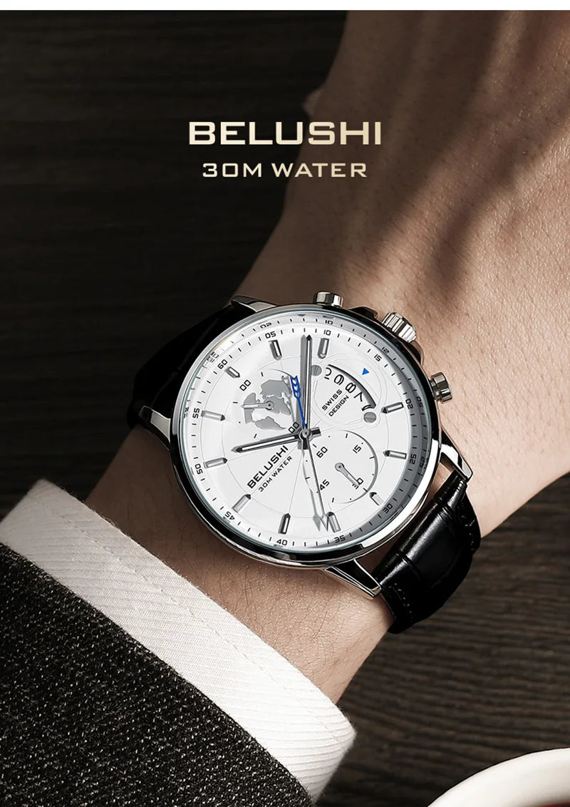 BELUSHI-Relógios de pulso quartzo impermeável masculino, cronômetro luminoso,