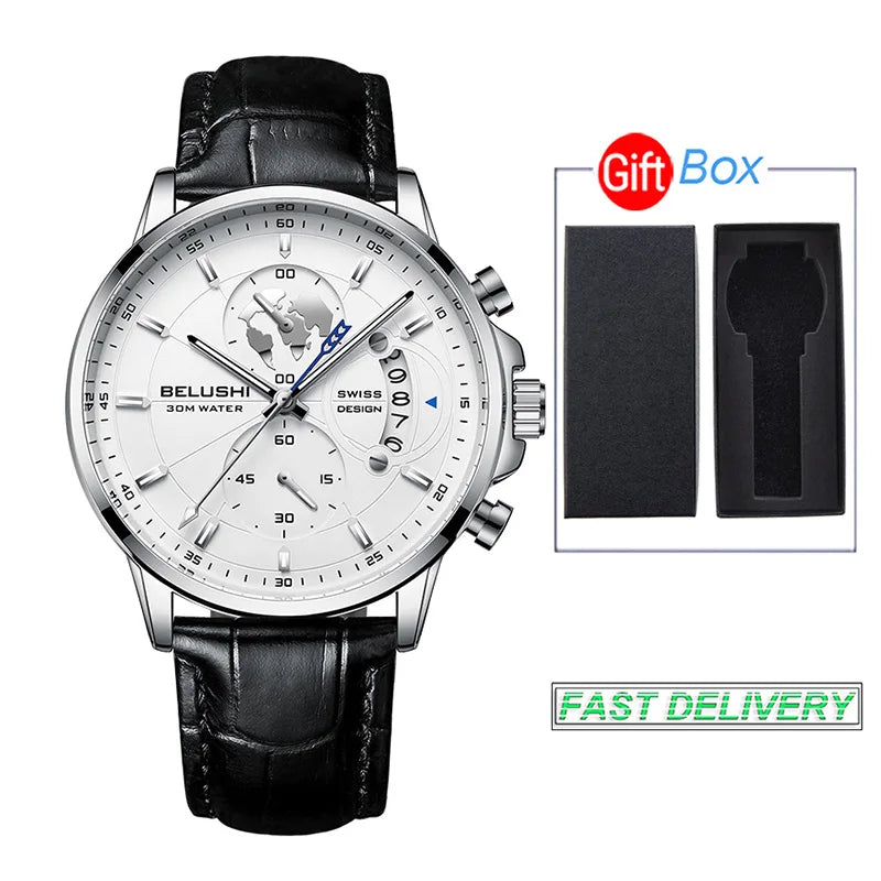 BELUSHI-Relógios de pulso quartzo impermeável masculino, cronômetro luminoso,