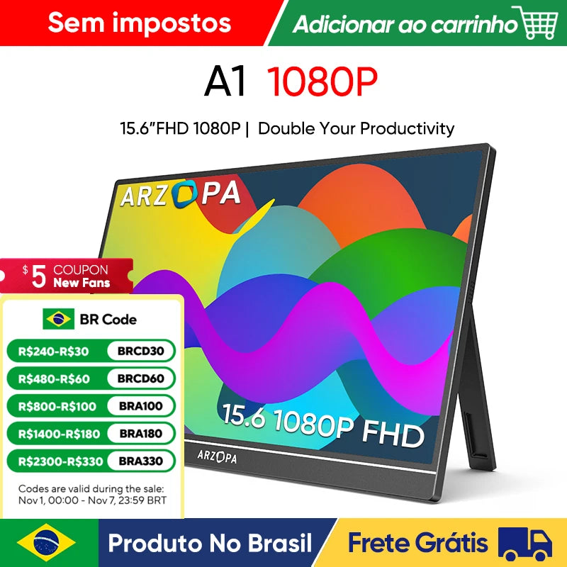 [produto no brasil] NOVO ARZOPA 15.6 inch Monitor Portátil FHD 1080P IPS USB-C