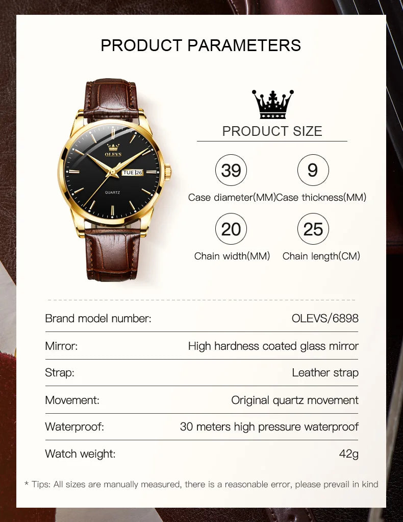 OLEVS-Relógio de pulso de quartzo impermeável clássico masculino, pulseira de