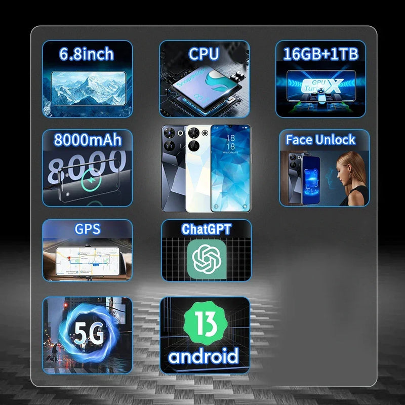 Novo smartphone c20 pro 6.8 &#39;&#39;hd + android 13 16gb + 1tb 8000mah ediçã
