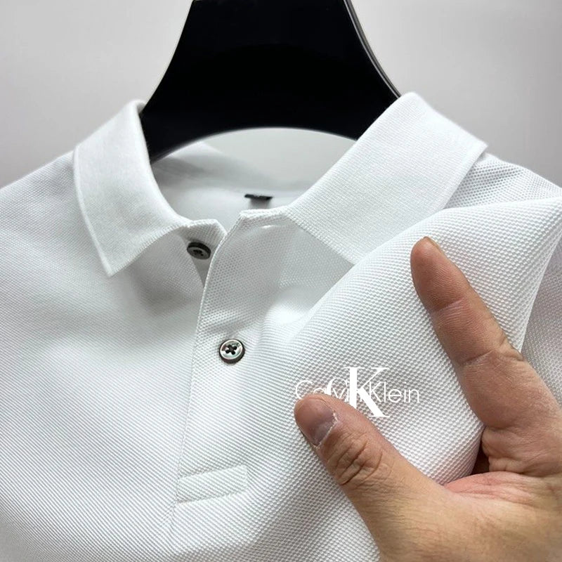 Novo polo masculino de verão, cor sólida, manga curta, camisa polo casual de r