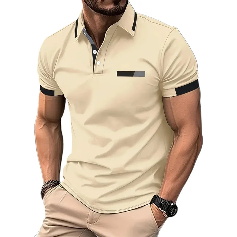 Polo de manga curta com estampa masculina, polo com contraste, botão lapela cas