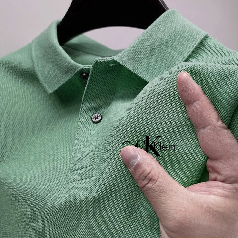 Novo polo masculino de verão, cor sólida, manga curta, camisa polo casual de r