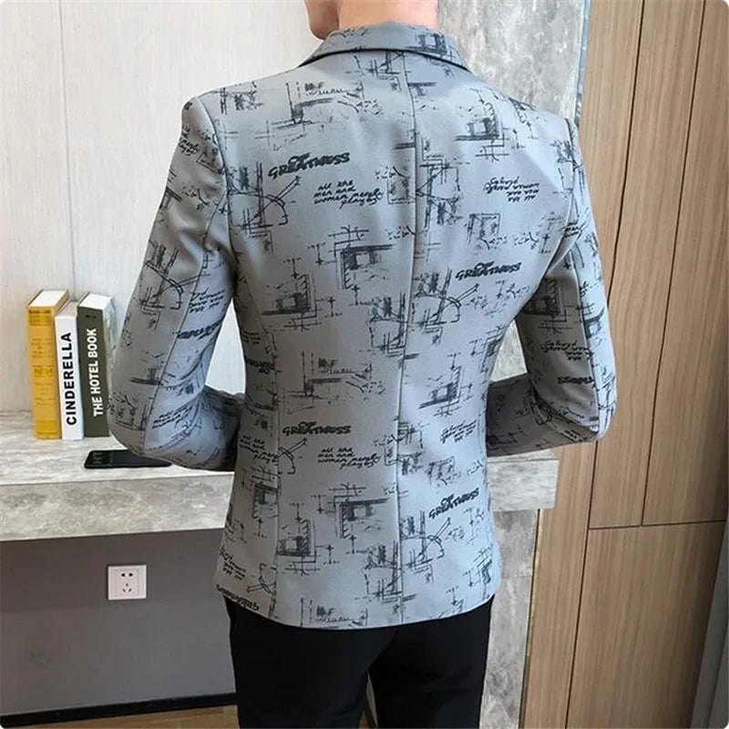 Blazer fino estampado versão coreana masculina, festa de casamento formal, jaqu
