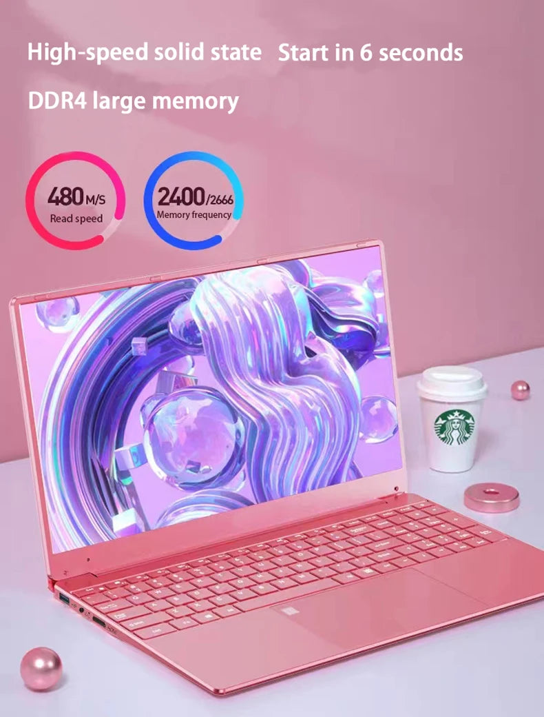 Laptop rosa com o Windows 10, Notebook Gaming, Intel Celeron J4125, 12 GB de RAM
