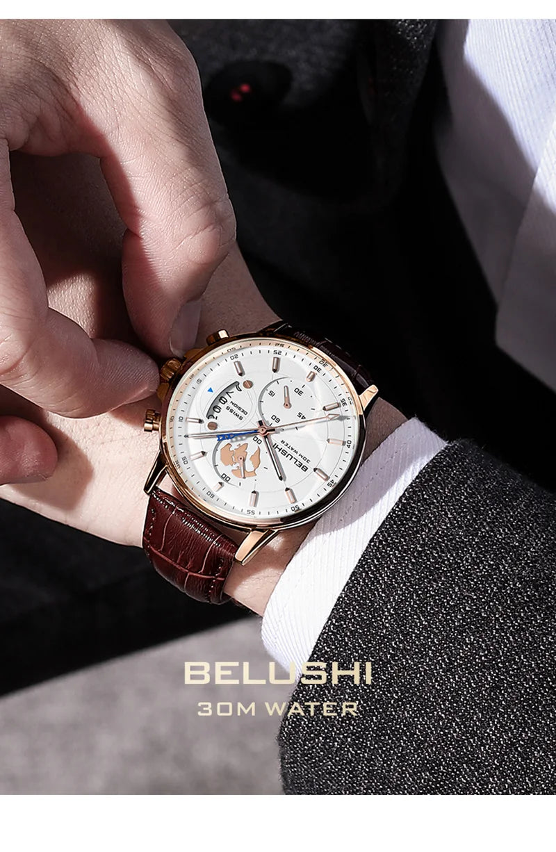 BELUSHI-Relógios de pulso quartzo impermeável masculino, cronômetro luminoso,