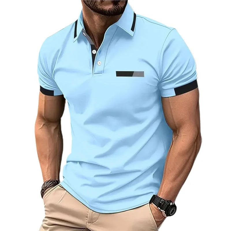 Polo de manga curta com estampa masculina, polo com contraste, botão lapela cas