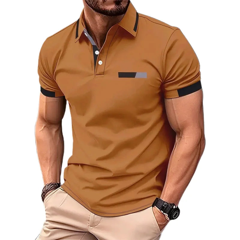 Polo de manga curta com estampa masculina, polo com contraste, botão lapela cas