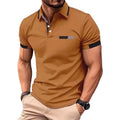 Polo de manga curta com estampa masculina, polo com contraste, botão lapela cas