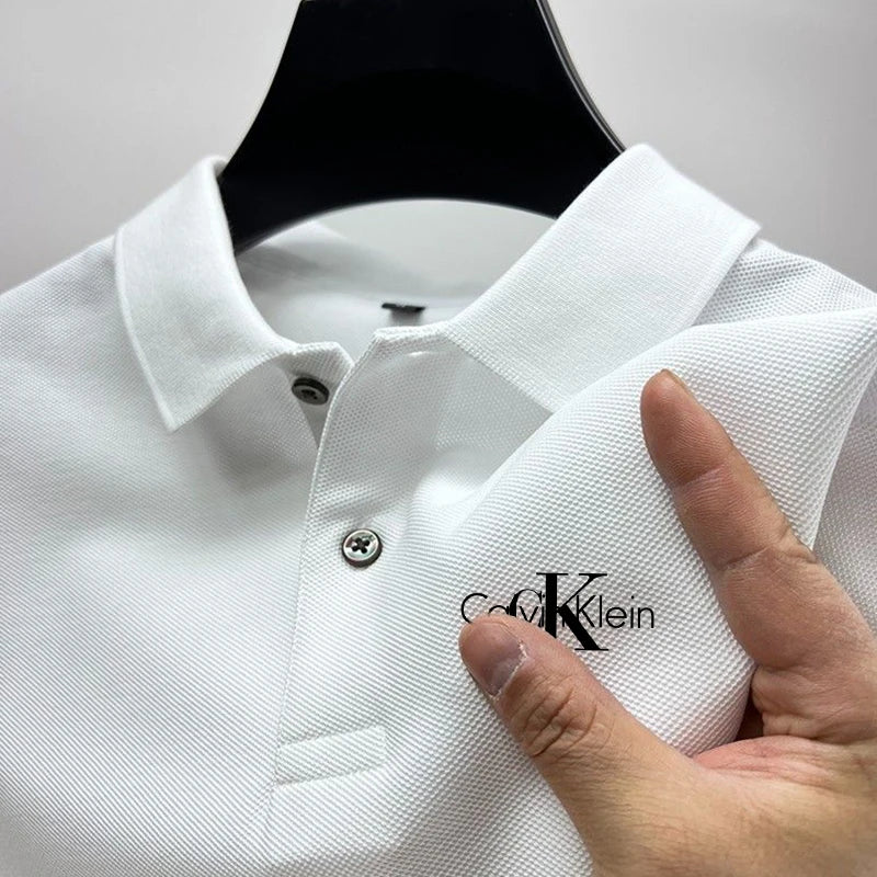 Novo polo masculino de verão, cor sólida, manga curta, camisa polo casual de r