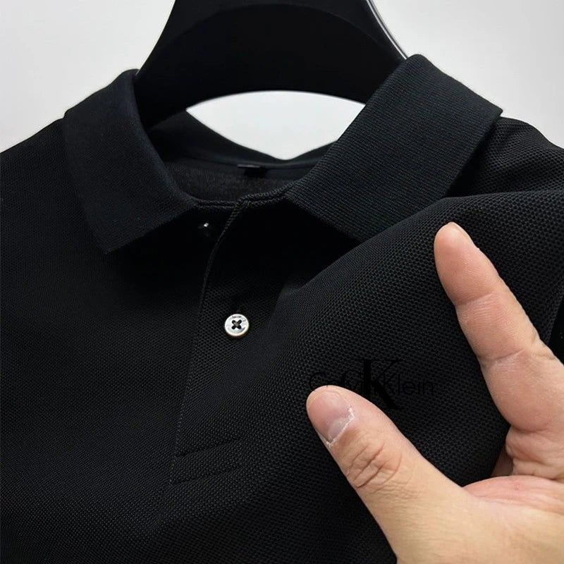 Novo polo masculino de verão, cor sólida, manga curta, camisa polo casual de r